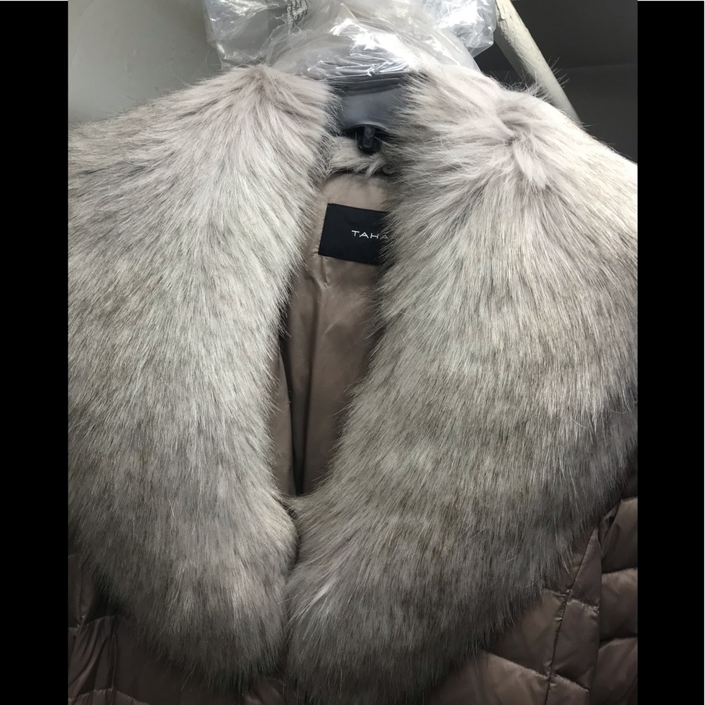 Tahari down Belted Faux-FurCollar Down,truffle,NWT - Picture 7 of 8
